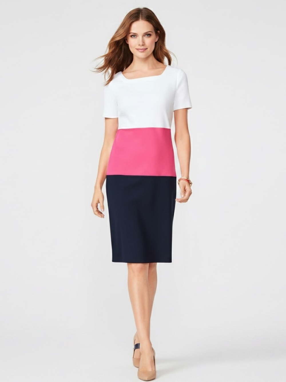 Talbots Colorblock Sheath Dress White Pink Navy Square Neck MP